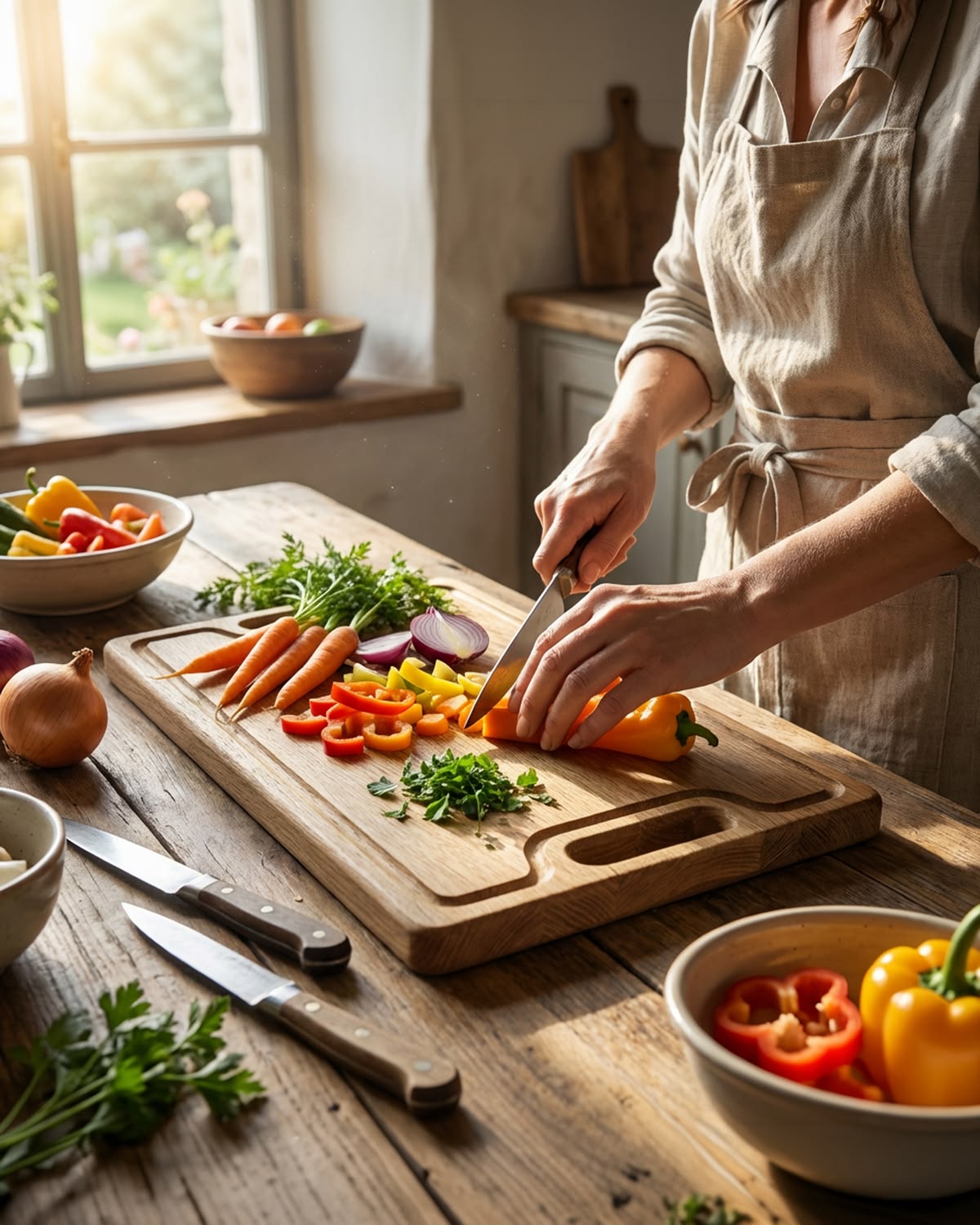 Illustratie van een keuken met verse groenten en fruit voor budgetvriendelijke maaltijden