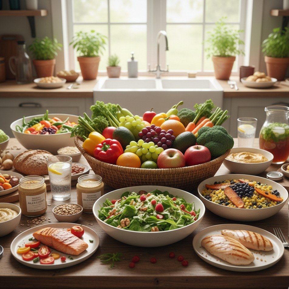 Illustratie van diverse verse ingrediënten voor gevarieerde maaltijden